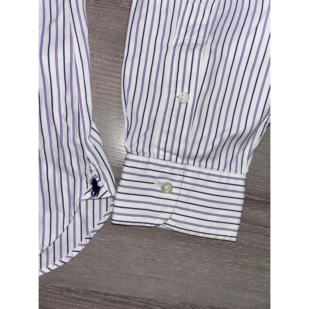 Polo Ralph Lauren Regent Dress Shirt Mens 17 43 Striped Purple Blue‎ Cotton READ